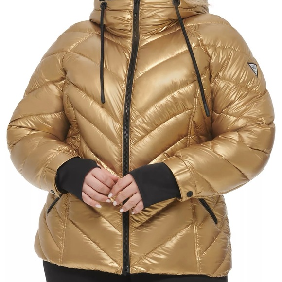 GUESS Metallic Gold Quilted Hooded Puffer Coat Women XXL/2X Zip NWT - Picture 1 of 16